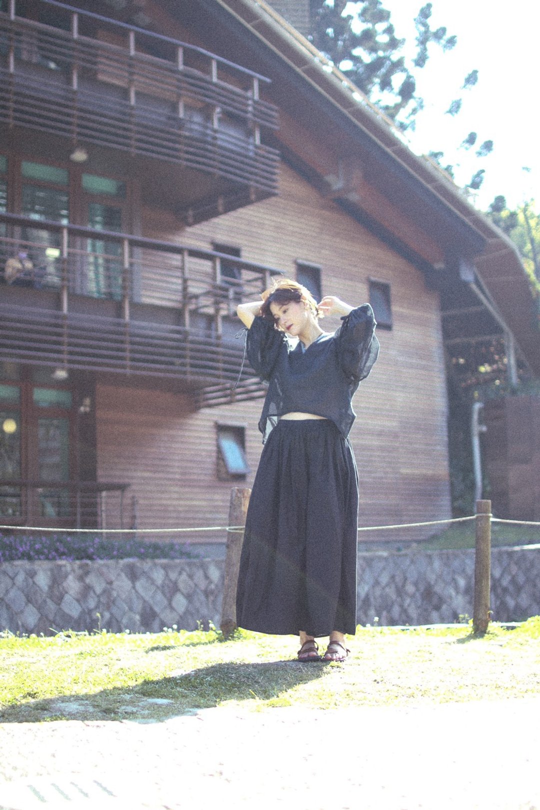 透纱抽绳松紧宽裤裙 黑 - 女装长裤 - 棉．麻 黑色