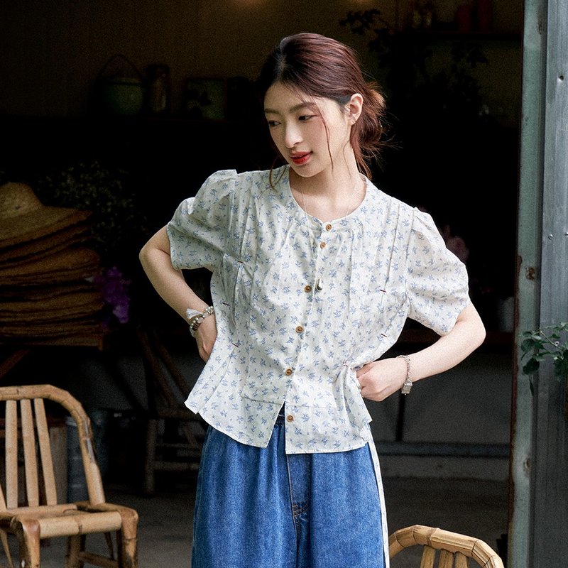 蓝蔷薇碎花衬衫|衬衫|夏款|Sora-1515 - 女装衬衫 - 棉．麻 