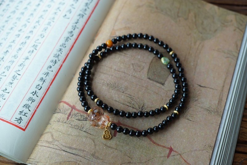 天然原矿黑曜石 水晶狐狸蜜蜡设计多圈手串项链s - 手链/手环 - 玉石 黑色