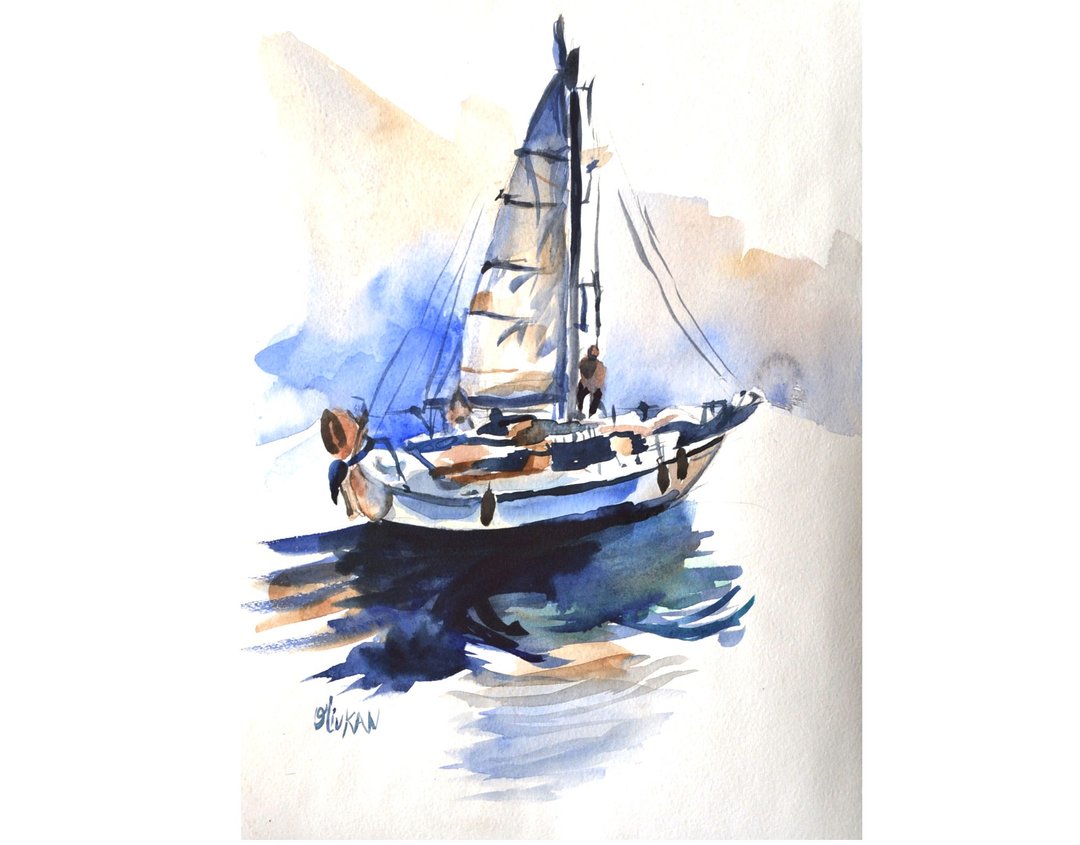 Sailboat Painting Original Watercolor Yacht Art Seascape Artwork - 墙贴/壁贴 - 纸 蓝色