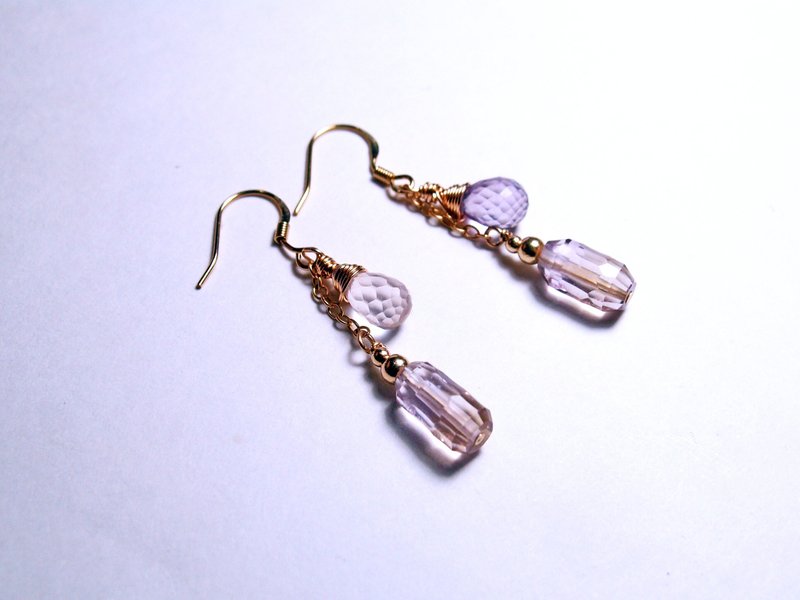 纯净--手作 14KGF 天然石 宝石 粉晶 紫水晶 近全美紫黄晶 耳环 - 耳环/耳夹 - 宝石 紫色