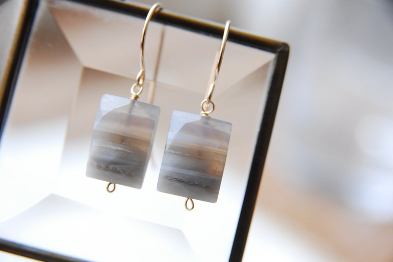 Striped Blue Opal Reclanged Cut Earrings no.9 14kgf - 耳环/耳夹 - 半宝石 灰色