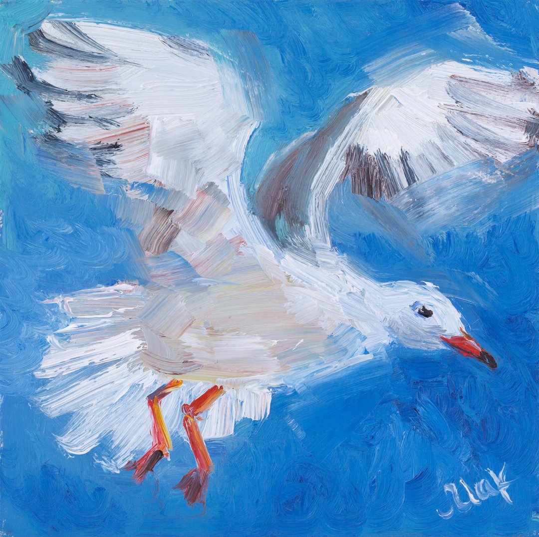 Gull Oil Painting Seagull Original Art Fly Bird Artwork Seascape Artwork - 海报/装饰画/版画 - 其他材质 蓝色