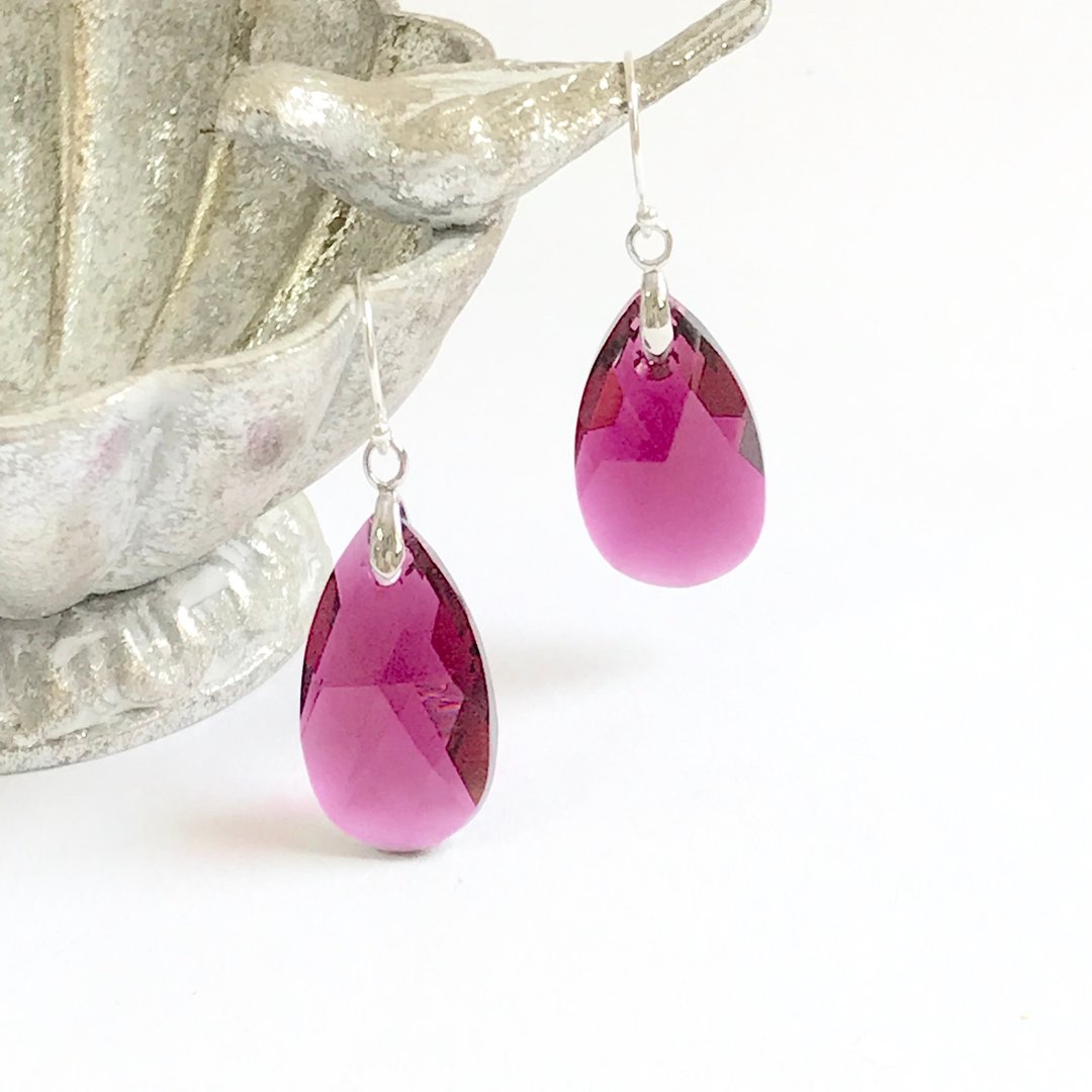 Swarovski ruby 925silver earring - 耳环/耳夹 - 纯银 粉红色