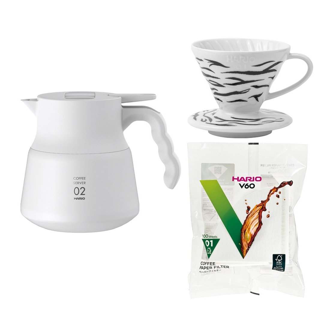 【HARIO】V60不锈钢保温咖啡壶白色+限量虎纹滤杯+滤纸 - 咖啡壶/周边 - 不锈钢 黑色