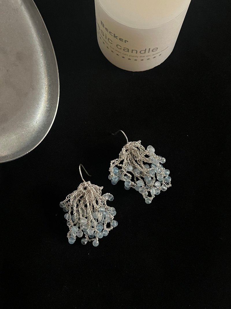 原创天然海蓝宝纯银钩织耳环 清新自然 礼物 - 耳环/耳夹 - 水晶 蓝色