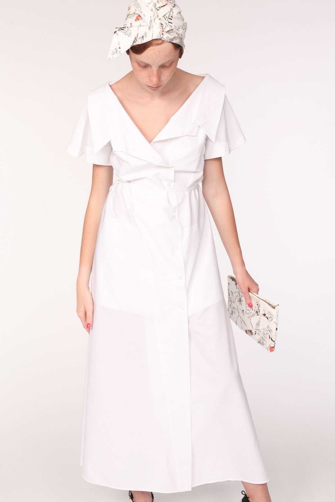 Open Collar Short Sleeves Cotton Maxi Shirt / White - 女装衬衫 - 棉 白色