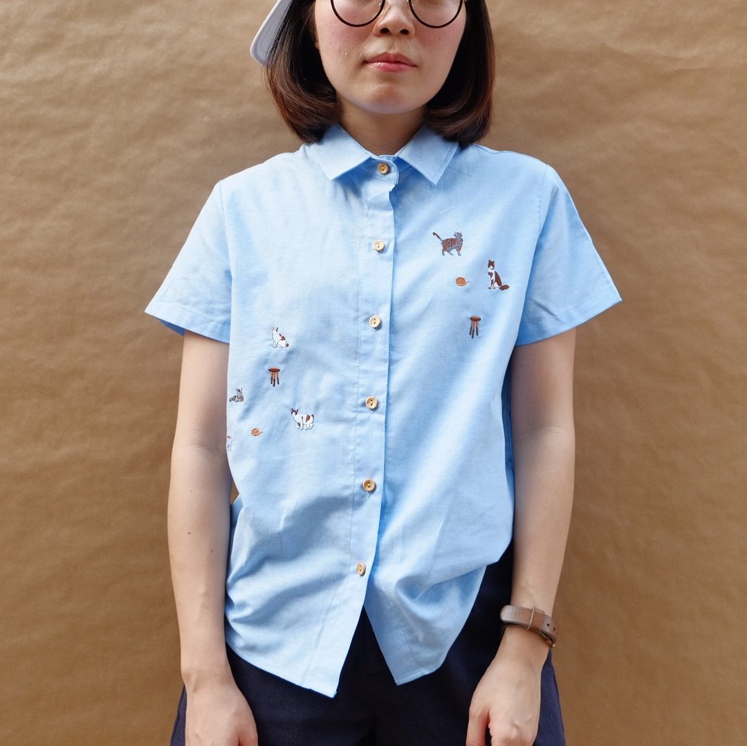 Cat Party Shirt : Blue - 女装上衣 - 绣线 蓝色