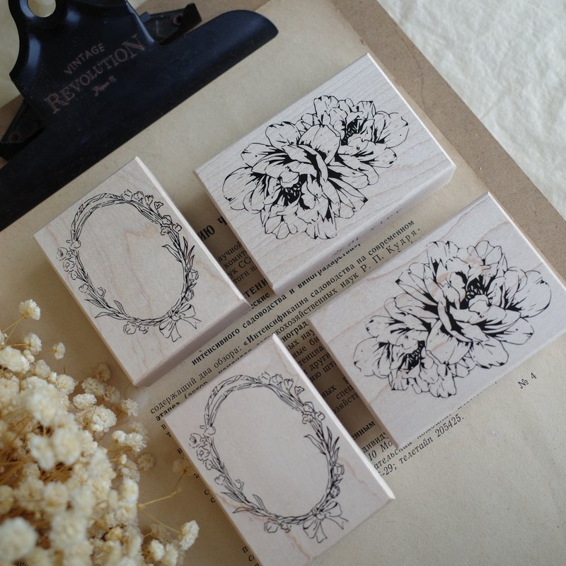 兰玲花框 | 牡丹花 輕復古花卉 木质手帳印章 - 印章/印台 - 木头 黑色