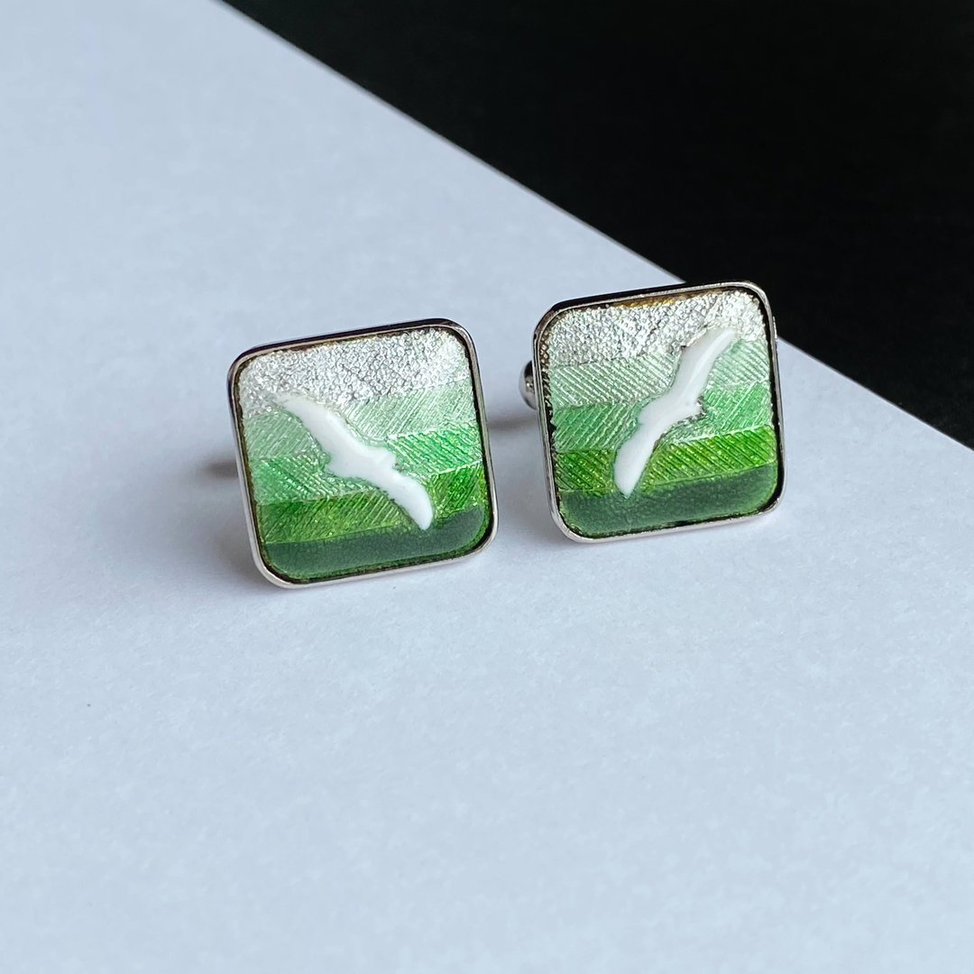 Seagull [Leaf Green] Cloisonne cufflink cufflinks sterling silver foil cloisonne - 袖扣 - 其他材质 绿色