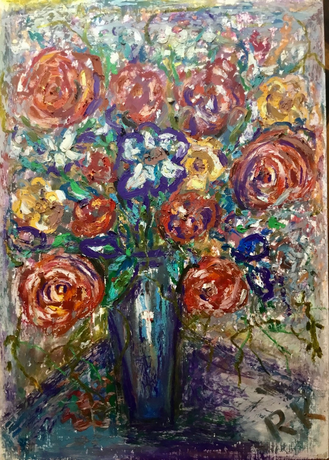“花园絮语”– 300 克画纸上的原创油画棒花卉画作 - 墙贴/壁贴 - 纸 红色