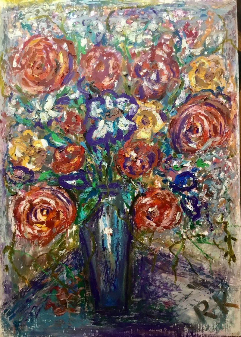 “花园絮语”– 300 克画纸上的原创油画棒花卉画作 - 墙贴/壁贴 - 纸 红色