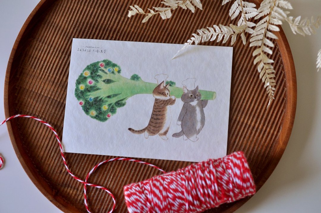 猫咪插画明信片-花椰菜圣诞树 - 卡片/明信片 - 纸 绿色