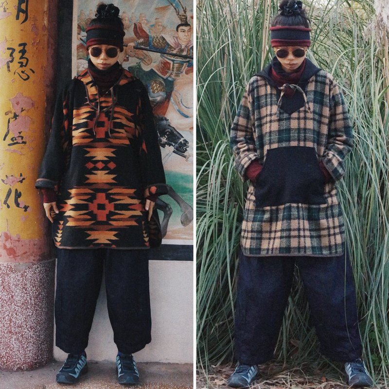 印第安納瓦霍風格 長款帶帽呢料外套 棕綠格軟糯羊毛呢 - 女装休闲/机能外套 - 羊毛 绿色