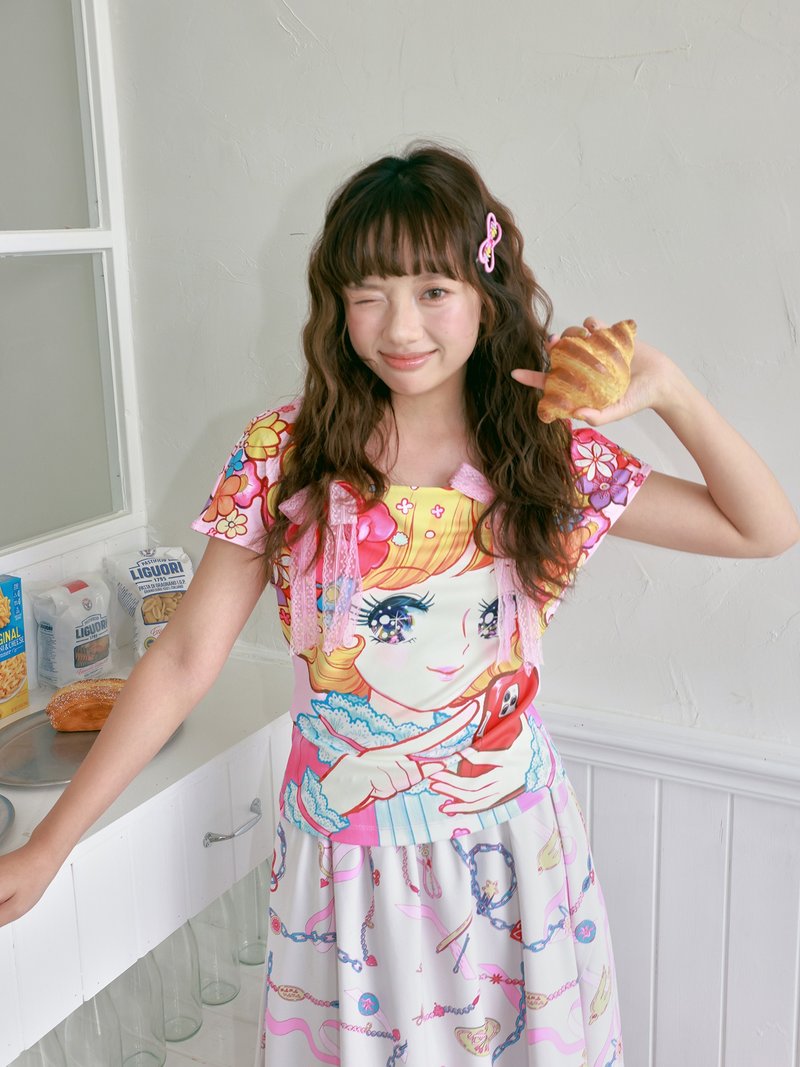 粉色蕾丝蝴蝶结美少女图案短袖夏季 - 女装上衣 - 其他材质 多色