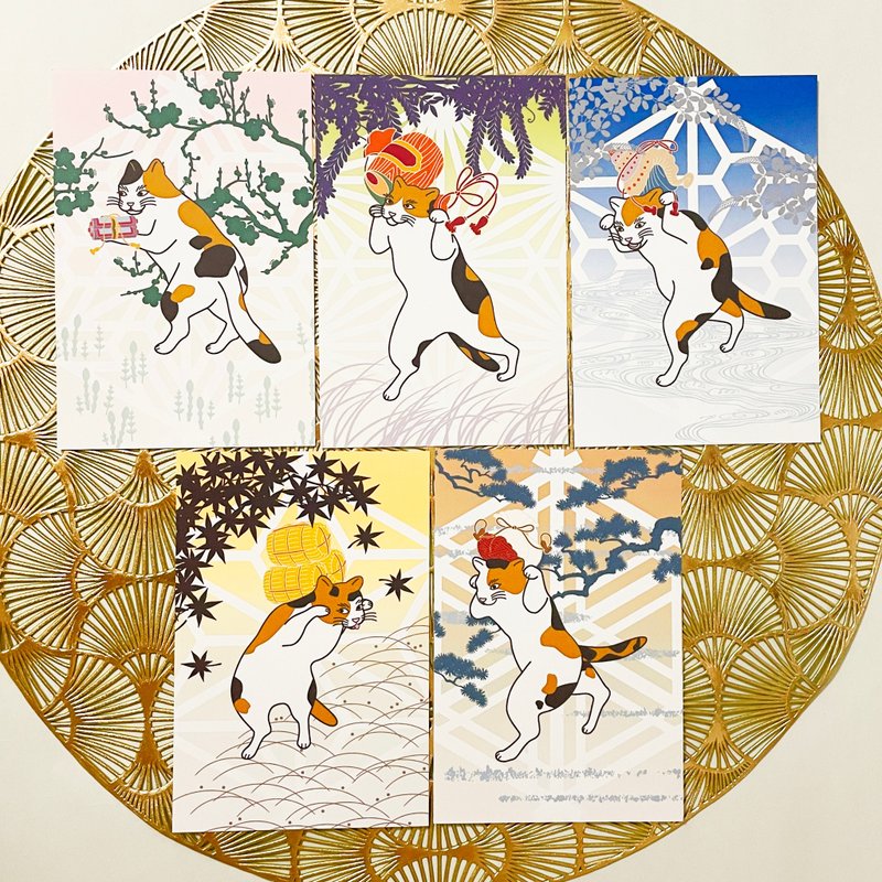 三花猫的狮子舞游戏 - 祈福小物 - 明信片5张组 猫 动物 浮世绘 日本 和风 - 卡片/明信片 - 纸 红色