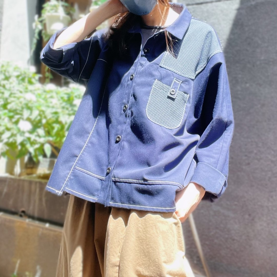 蓝圆点 扣袋造型拼接外套 #U5018 - 女装衬衫 - 棉．麻 