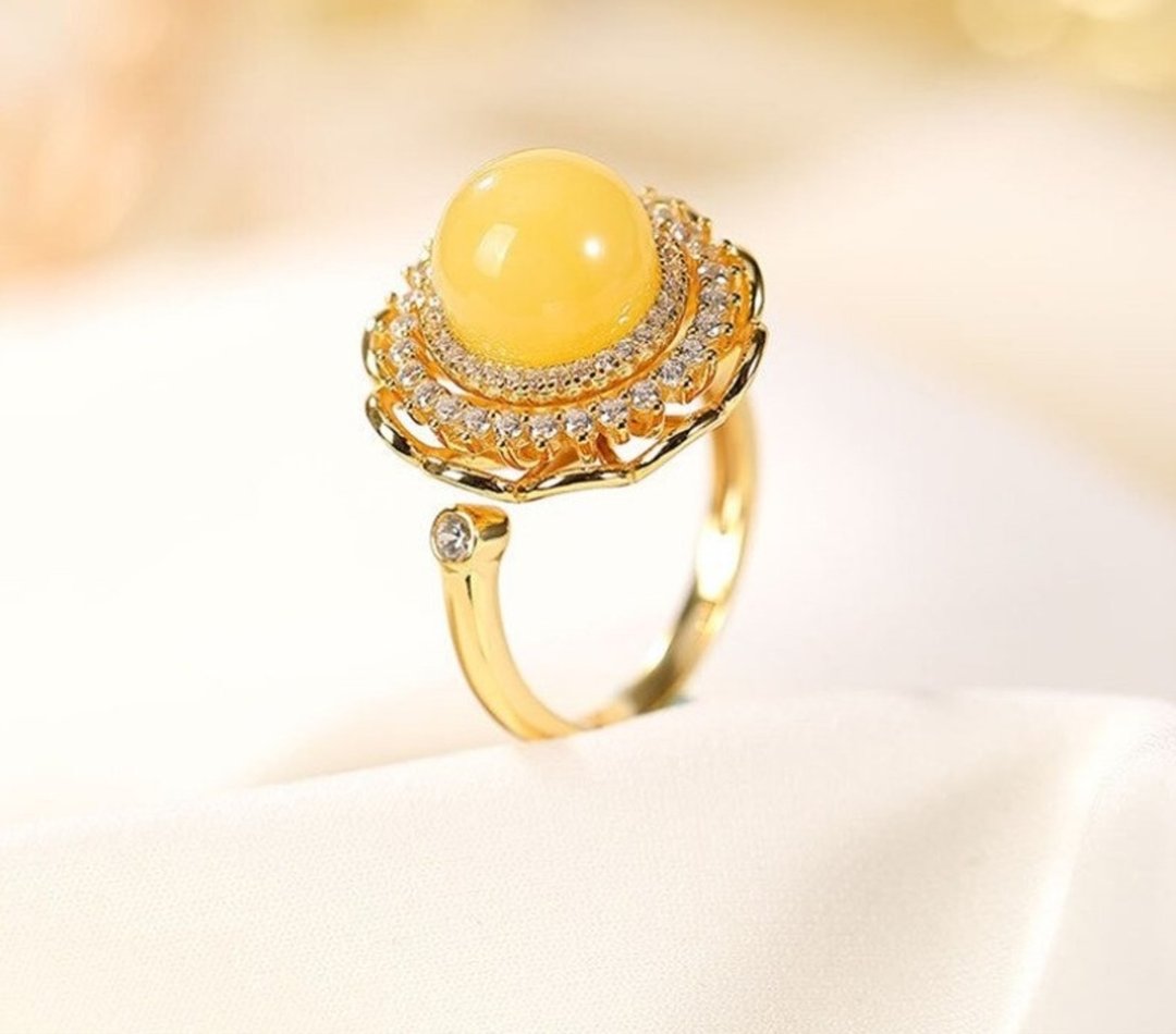 Spinning Hollow Crystals Rings for Women GOOD LUCK Gifts Jewelry Nature Amber - 戒指 - 纯银 金色