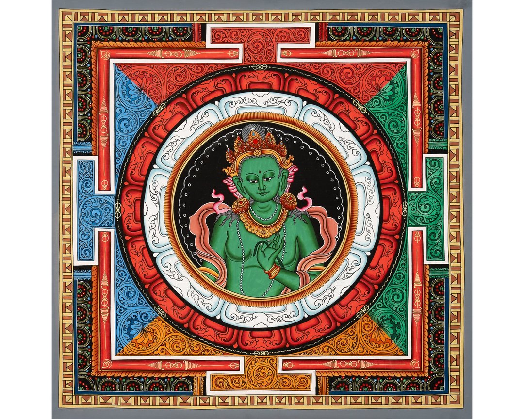 体验绿度母与Shree Yantra曼陀罗的神圣合一——这幅唐卡将慈悲、 - 墙贴/壁贴 - 其他材质 多色