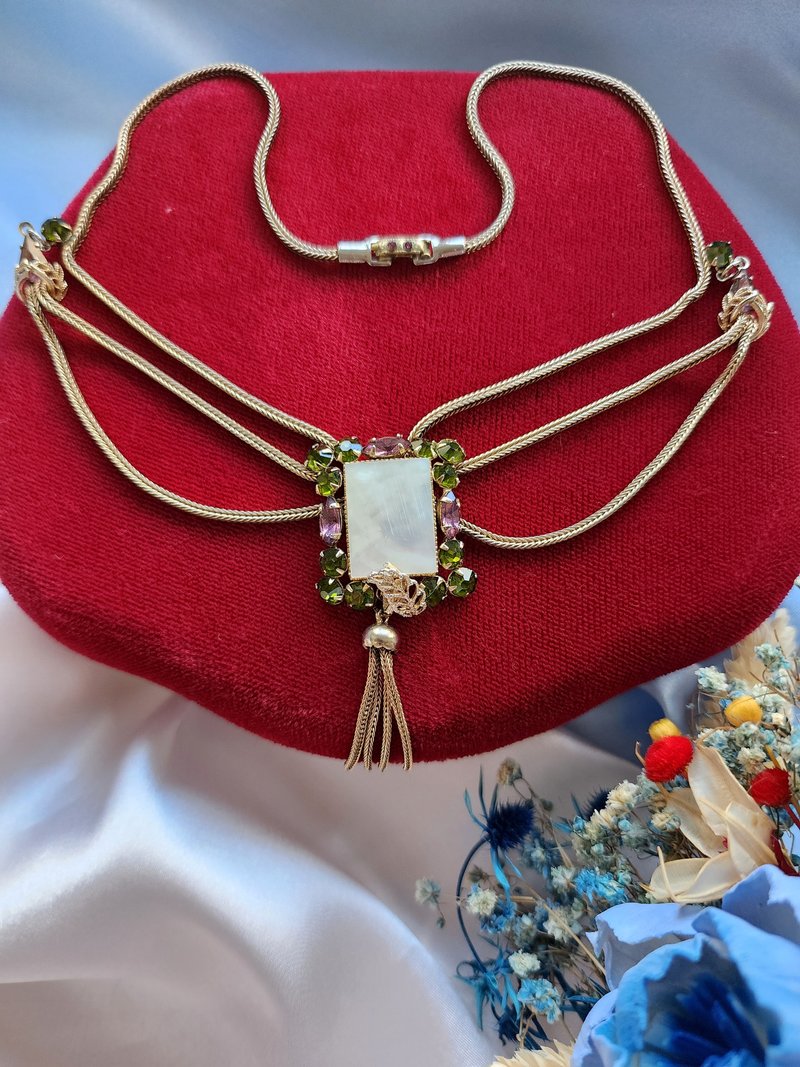 美国西洋古董饰品/ 新艺术风格珍珠母贝小流苏贴颈锁骨项链 - 锁骨链 - 其他金属 