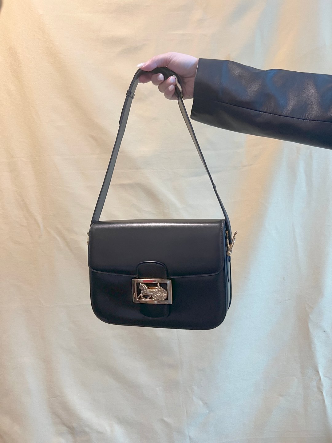 Celine经典稀有马车黑色中古斜背包侧肩袋 日本二手Vintage - 侧背包/斜挎包 - 真皮 黑色
