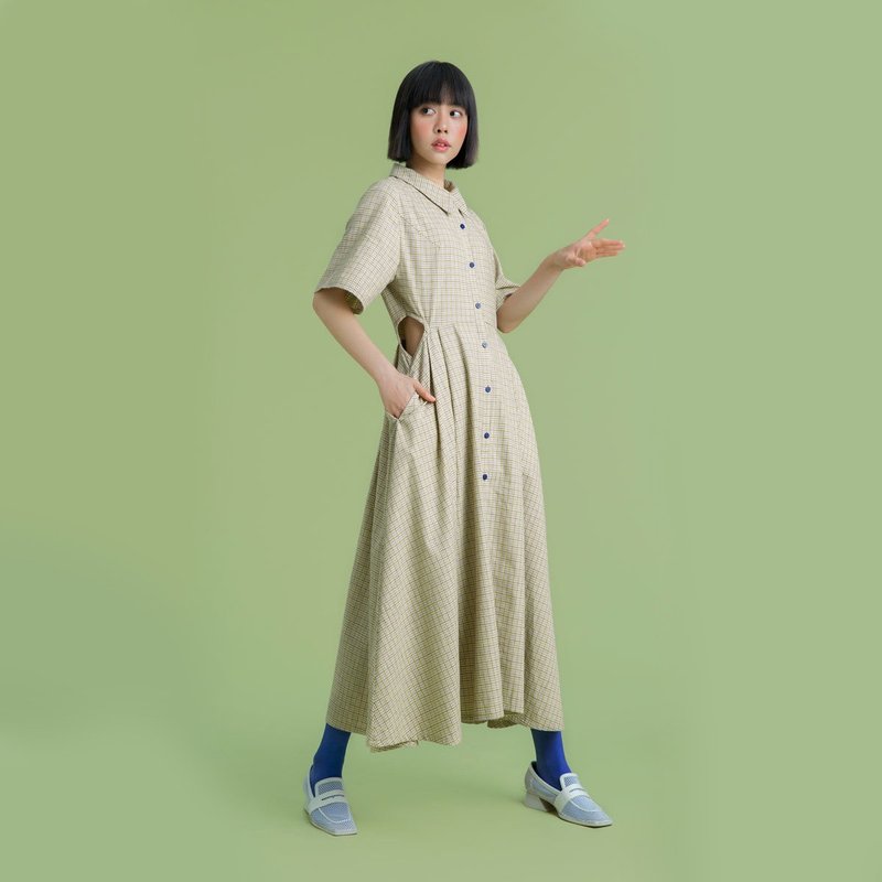 tan tan / 浅黄x紫色格子挖洞洋装 - 洋装/连衣裙 - 棉．麻 黄色