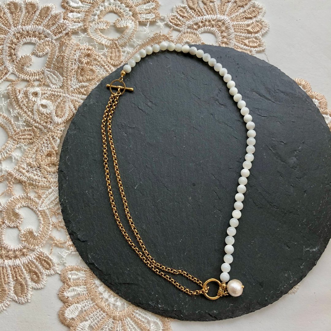 Mother opal and cotton pearl 3 way necklace N002 - 项链 - 贵金属 白色