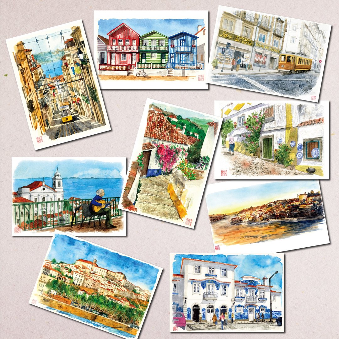 Set of 9 Watercolor Postcards Portuguese Landscape - 卡片/明信片 - 纸 