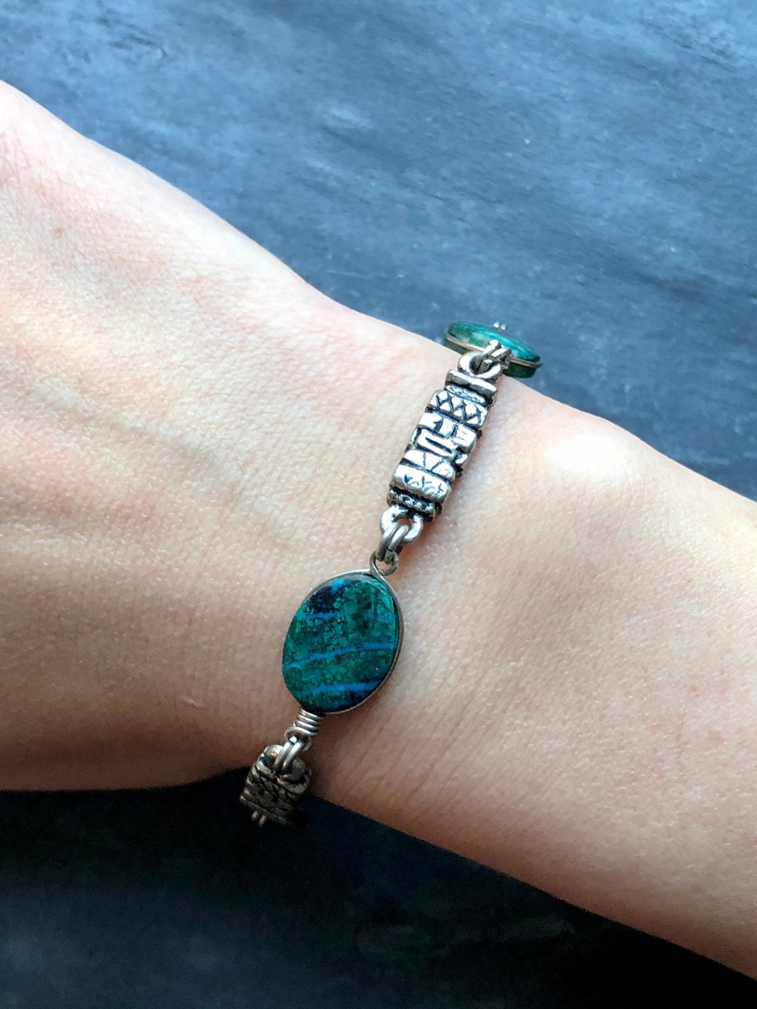Vintage Malachite Silver Bracelet - 手链/手环 - 纯银 银色