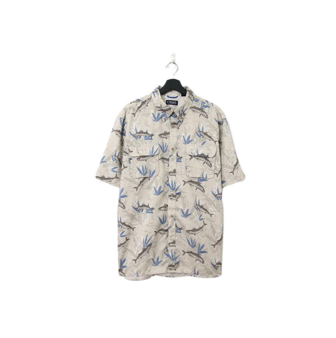 Back to Green-鱼图腾短袖衬衫 灰蓝 水草 ff-12 vintage shirt - 男装衬衫 - 棉 