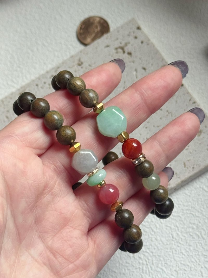 AZ 紫韵沉香・绿檀翡翠手串 - 手链/手环 - 宝石 