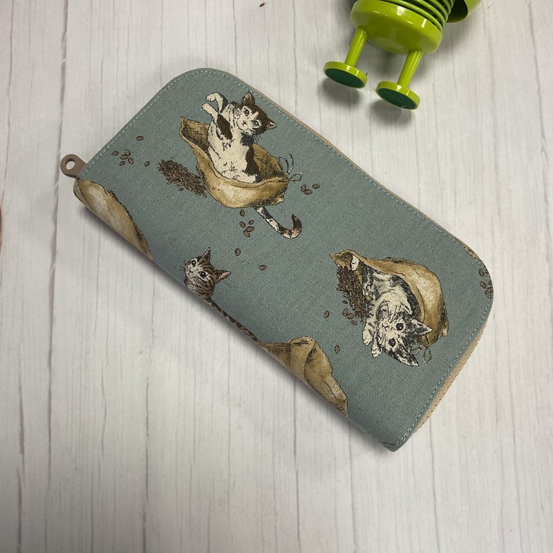 幸运招财丰巢长夹 - 咖啡袋里的猫咪 - 皮夹/钱包 - 棉．麻 蓝色