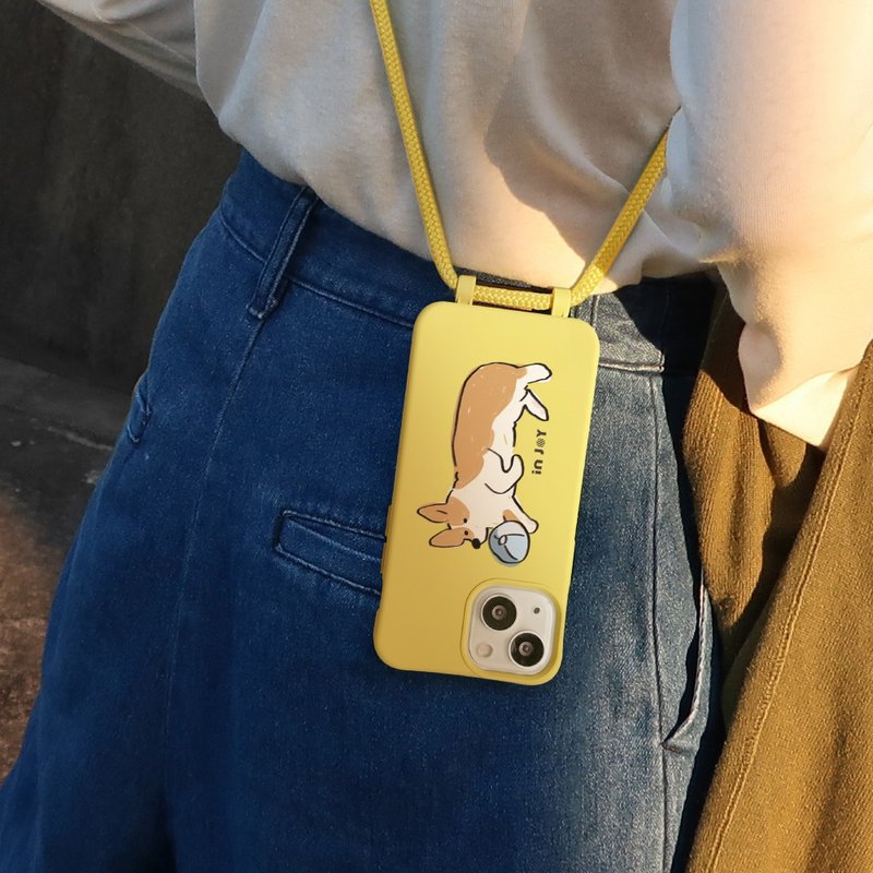 iPhone 13/13pro/12/11/SE3 顽皮柯基犬 二合一防摔背绳手机壳 - 手机壳/手机套 - 塑料 黄色