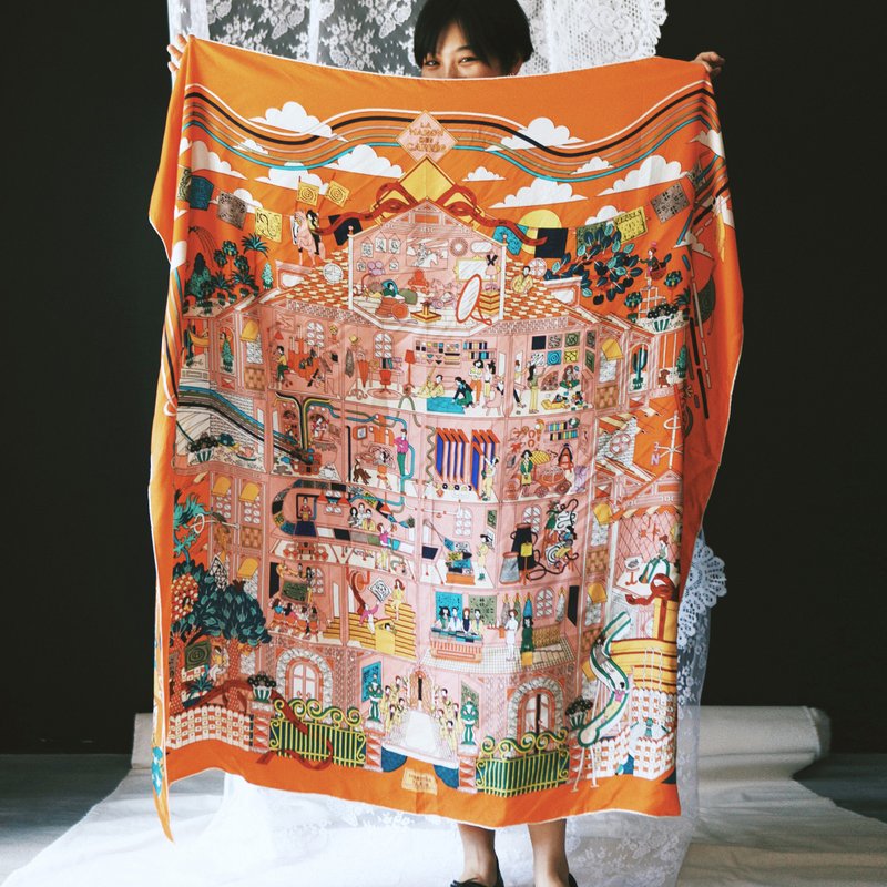 A ROOM MODEL - VINTAGE， HERMES橘色房子巨幅丝巾 / PA-0111 - 丝巾 - 丝．绢 橘色