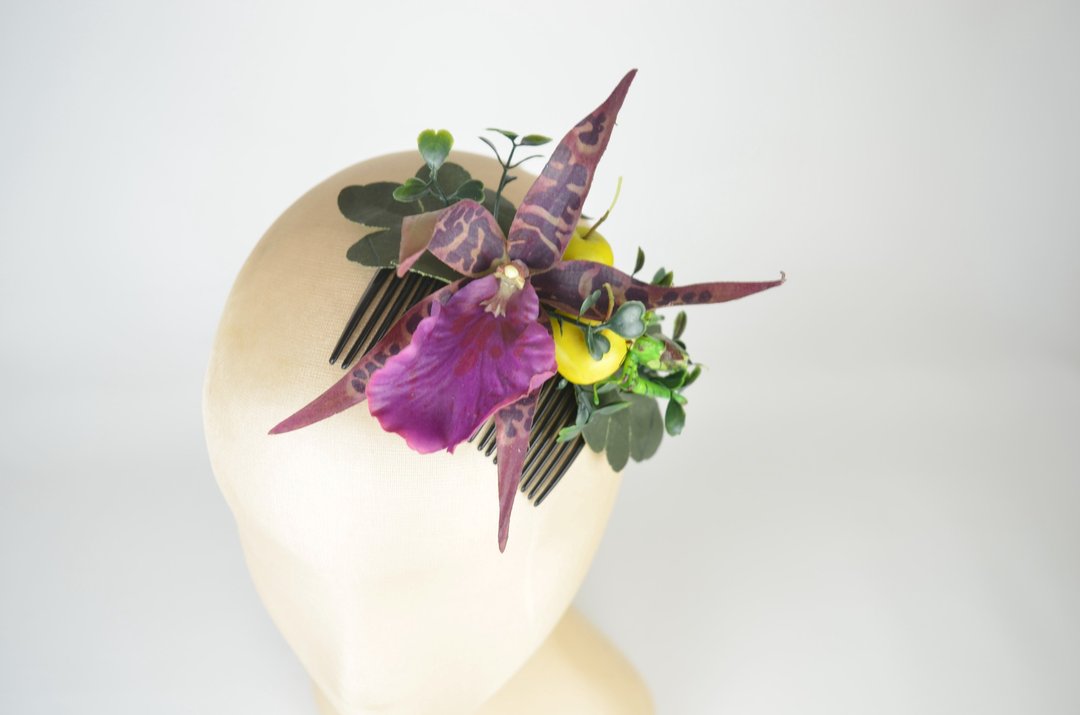 Headpiece Hair Comb Purple Orchid Silk Flower with Grasshopper and Green Apples - 发饰 - 其他材质 紫色