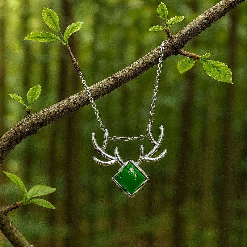 福鹿寿  玉 坠子 项链 天然碧玉 10mm  A货 925 纯银 生日 礼物 - 项链 - 宝石 绿色