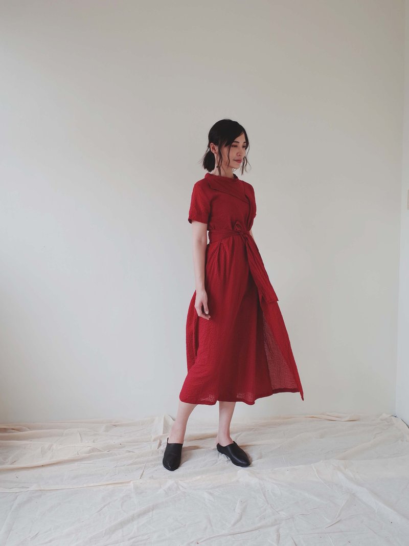 红花削肩长洋装 - 洋装/连衣裙 - 棉．麻 红色