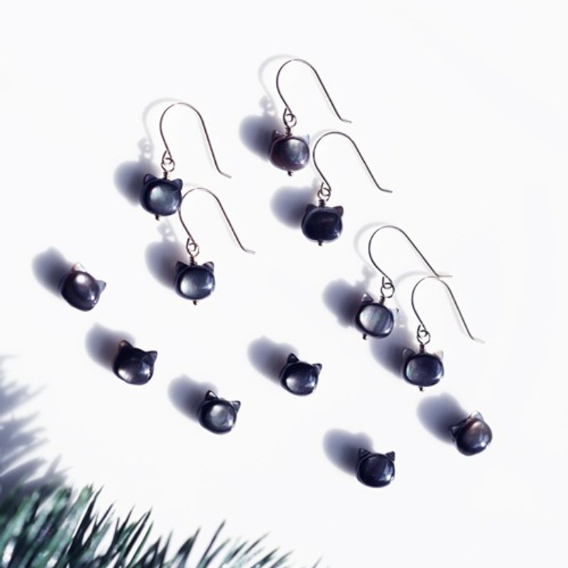 14KGF 黑蝶贝猫咪耳环 Gato - 耳环/耳夹 - 宝石 黑色