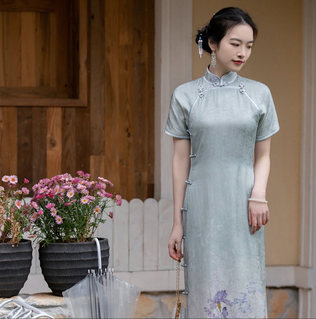 鸢尾天使  新中式復古 少女绝美曳地长款古法旗袍 - 旗袍 - 其他材质 绿色