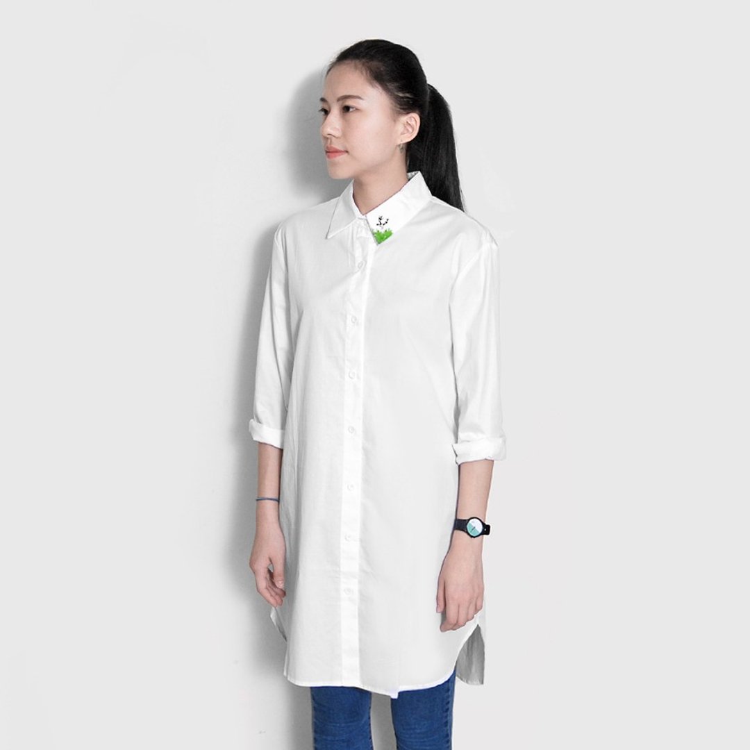 【最后一件】小鹿领／白白简约长版衬衫 - 女装衬衫 - 其他材质 白色