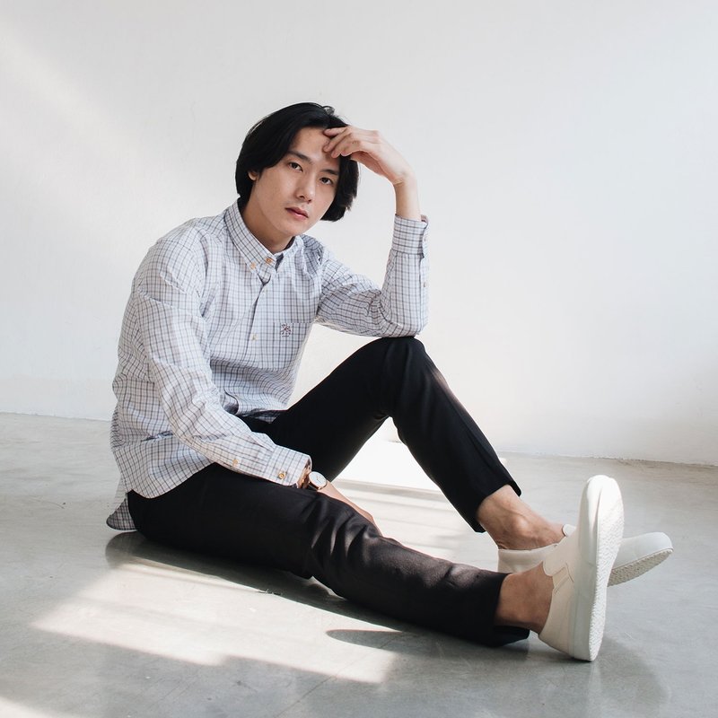 (无 XL) 燕子 // 黑白格纹 // 男士修身版型 - 男装衬衫 - 棉．麻 白色