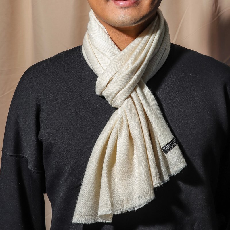 【窄版】喀什米尔羊毛围巾 米白色斜纹 脖围 手工编织 男女可 - 围巾/披肩 - 羊毛 卡其色