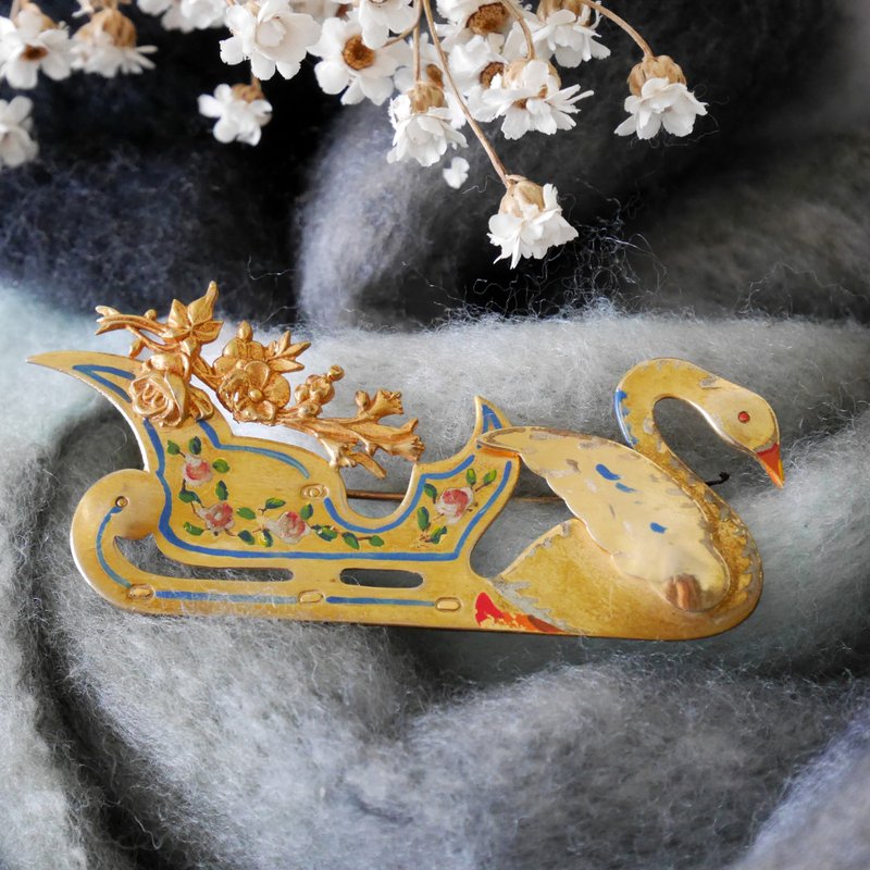 古董金色雕花手绘玫瑰天鹅别针胸针 巴黎购入 极少见 B1719 - 胸针 - 其他金属 金色