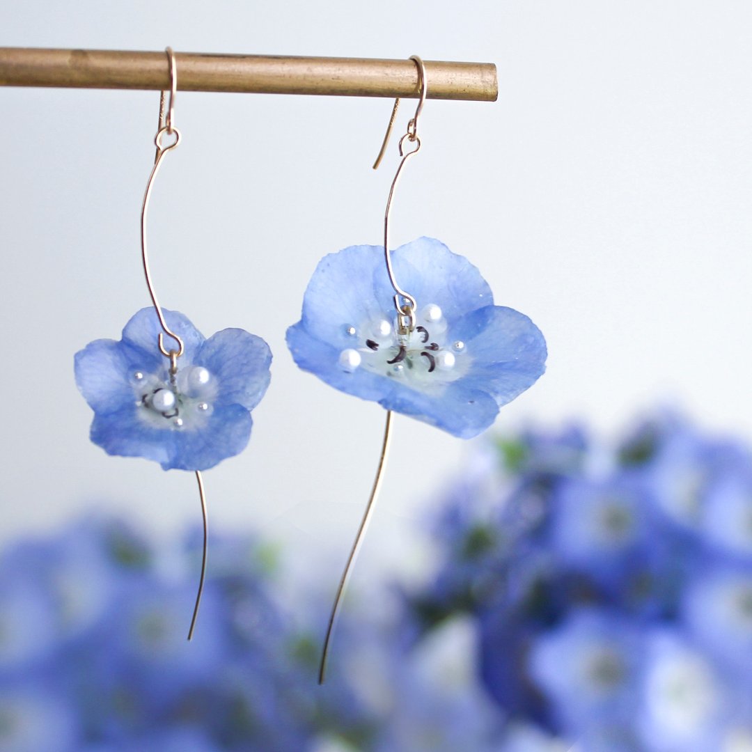 न्याया न्याया草耳环, 14k 包金, 风干花, #148, Baby blue eyes,  न्याया न्याया草 - 耳环/耳夹 - 植物．花 蓝色