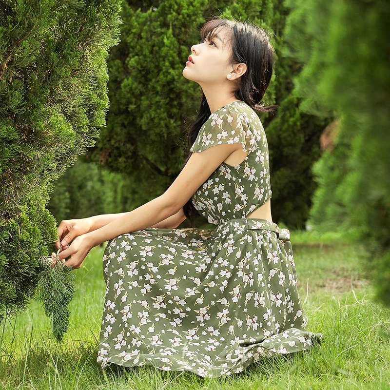 【赠百搭领巾】安妮陈2018夏装新款女士碎花镂空连身裙洋装裙子 - 洋装/连衣裙 - 聚酯纤维 绿色