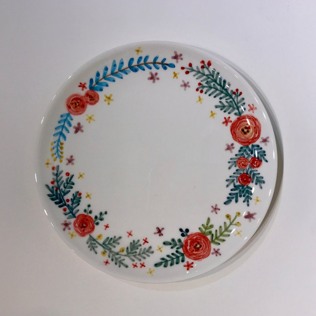 手绘7寸蛋糕盘 餐盘 蓝叶玫瑰花圈 现货 - 盘子/餐盘/盘架 - 瓷 白色
