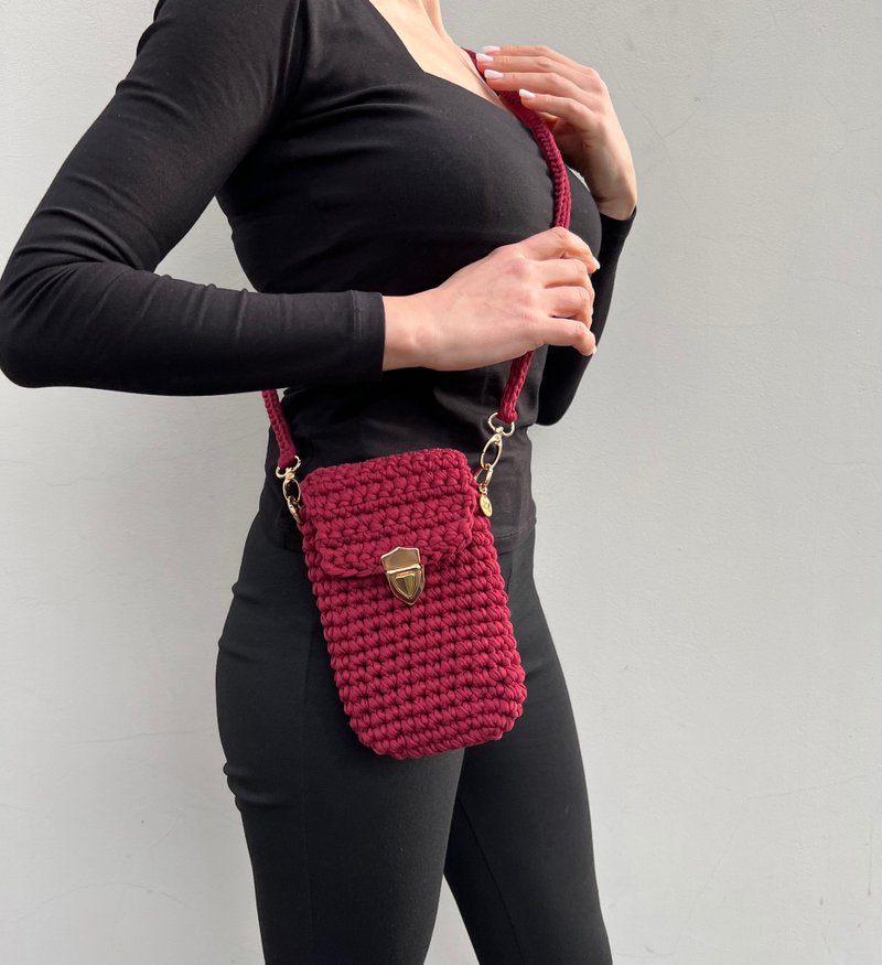 Vinous Phone Bag, Summer Crossbody, Card Bag, Phone Case, Small Bag - 侧背包/斜挎包 - 其他材质 红色