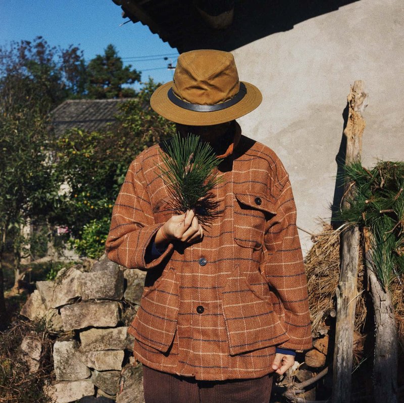 棕色羊毛格 毛呢面料 多兜獵裝 中性燈芯絨翻領夾克外套 - 女装休闲/机能外套 - 羊毛 咖啡色