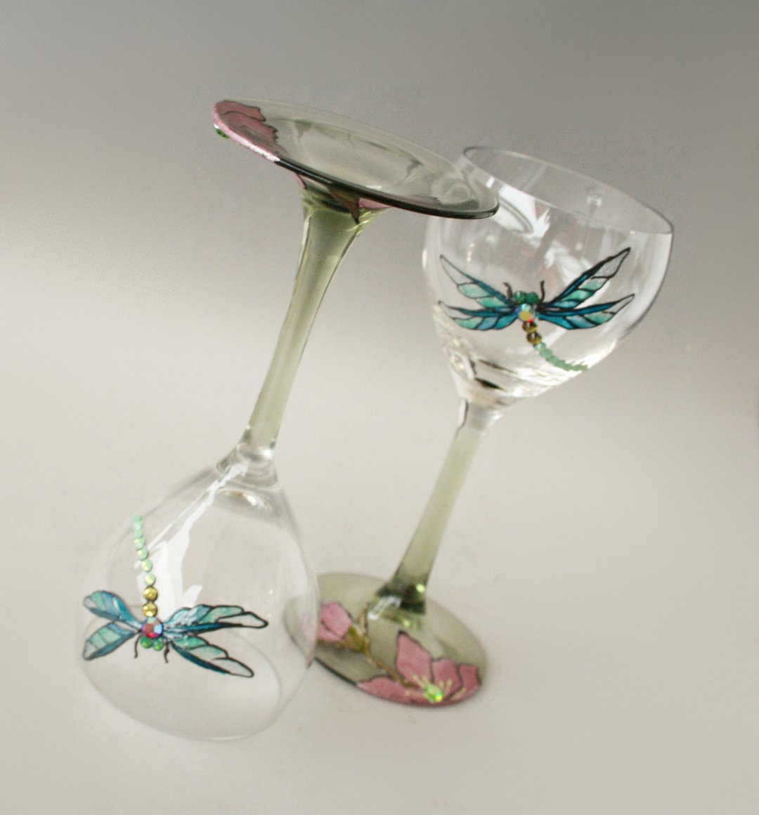 Dragonfly Wine Glasses Hand-painted set of 2 - 酒杯/酒器 - 玻璃 蓝色