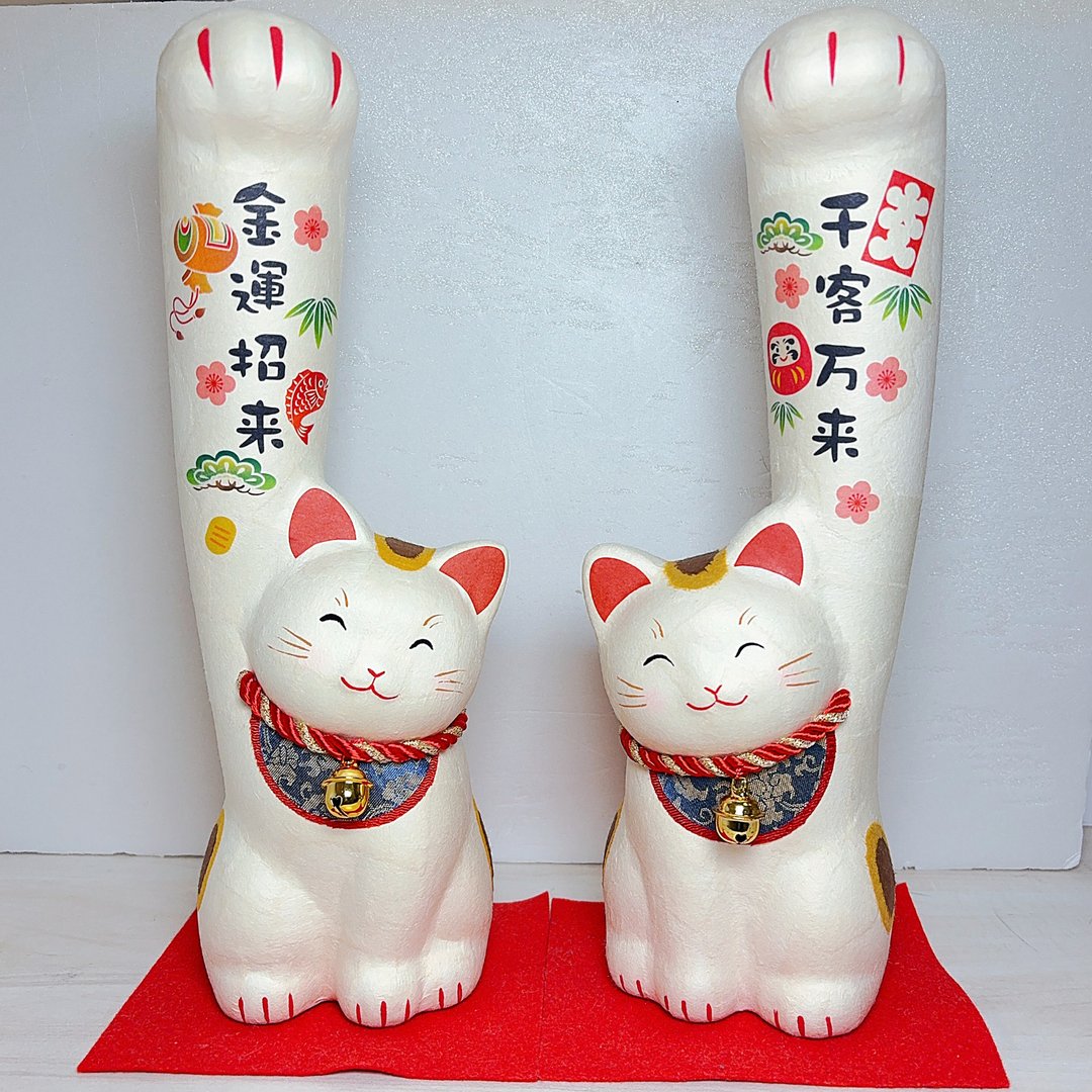 京都手作摆饰 - 长手开运招财猫对组 (大)-金运招来 + 千客万来 - 摆饰 - 其他材质 